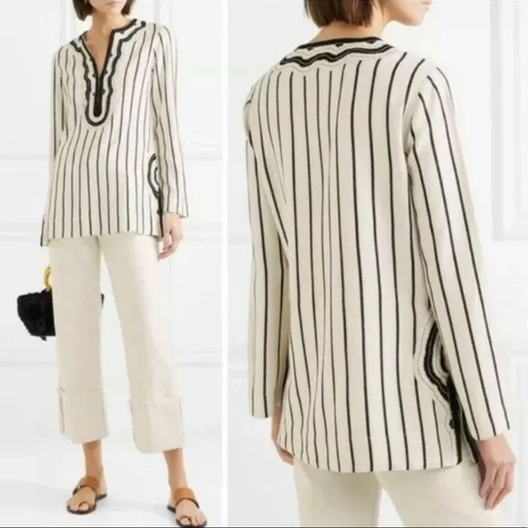 NEW Tory Burch Long Sleeve Stripe Tunic Top Size 2 Rayon Slub Stripe Tunic $348 - Picture 3 of 9